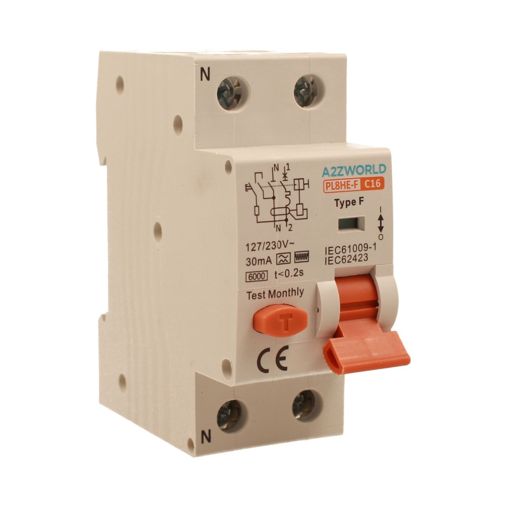 RCBO Interruttore Magnetotermico Differenziale Tipo F Curva C 1P+N 2M 6000A 30mA C16A AC 230V IP20 IEC61009-1