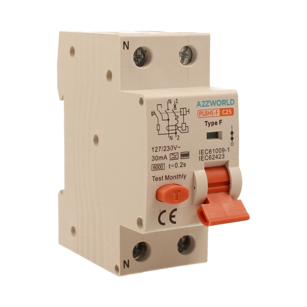 RCBO Interruttore Magnetotermico Differenziale Tipo F Curva C 1P+N 2M 6000A 30mA C25A AC 230V IP20 IEC61009-1