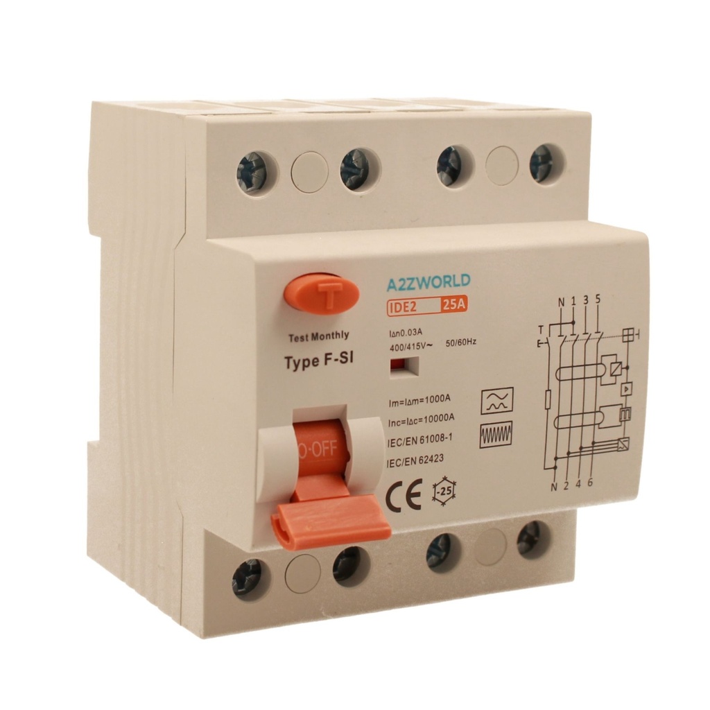 A2ZWORLD RCCB Interruttore Differenziale Puro Tipo F - SI 3P+N 4M 10000A 30mA Super Immunizzato AC 400V IP20 IEC61008-1, Corrente Disponibili 25A 40A 63A 
