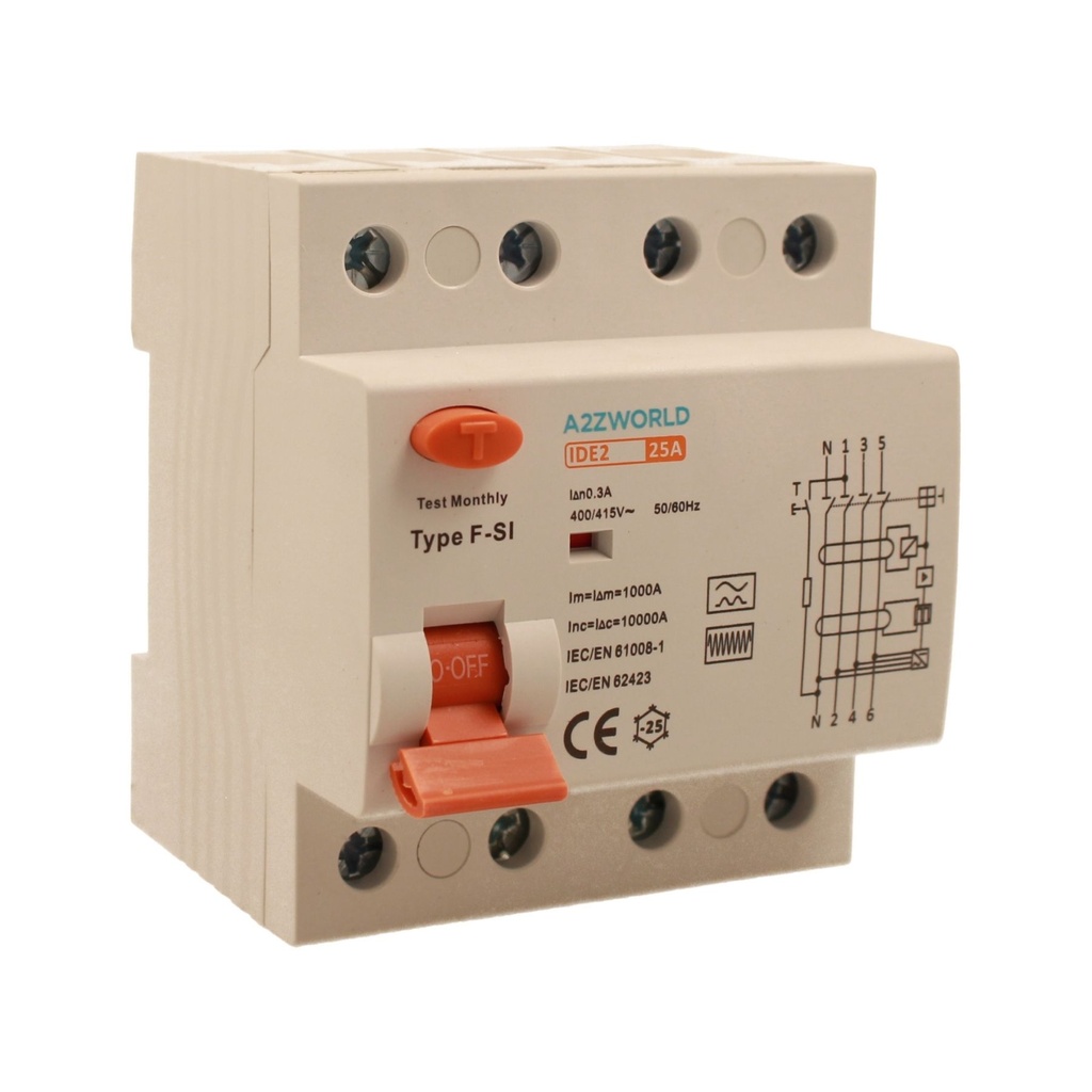 A2ZWORLD RCCB Interruttore Differenziale Puro Tipo F - SI 3P+N 4M 10000A 300mA Super Immunizzato AC 400V IP20 IEC61008-1, Corrente Disponibili 25A 40A 63A 
