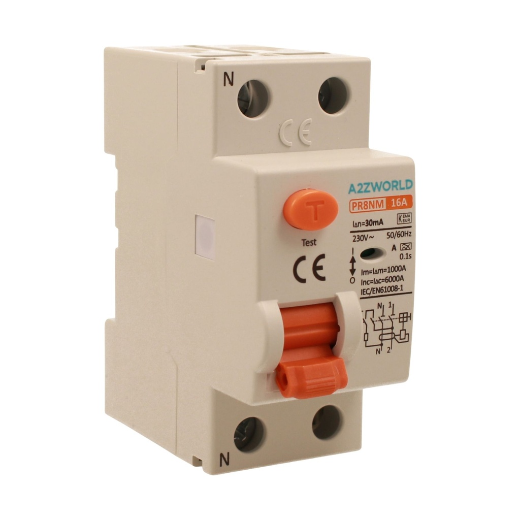 [GC15316] A2ZWORLD RCCB Interruttore Differenziale Puro Tipo A 1P+N 2M 6000A 30mA AC 230V IP20 IEC61008-1 PR8NM, Corrente Disponibili 16A 25A 32A 40A 63A (16A)