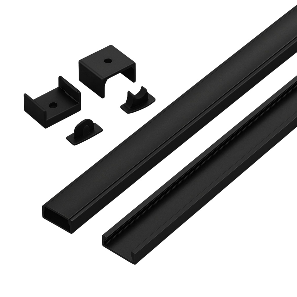 Kit Profilo Alluminio Completo Da 2 Metri Per Striscia Led, Standard Colore Nero, Dimensione 17.4X7mm, Larghezza Interna 12.4mm, 115g/m, Copertura Opale, Tappi Chiusura e Clip Fissaggio Incluso,BAV2873 BAZ1707B