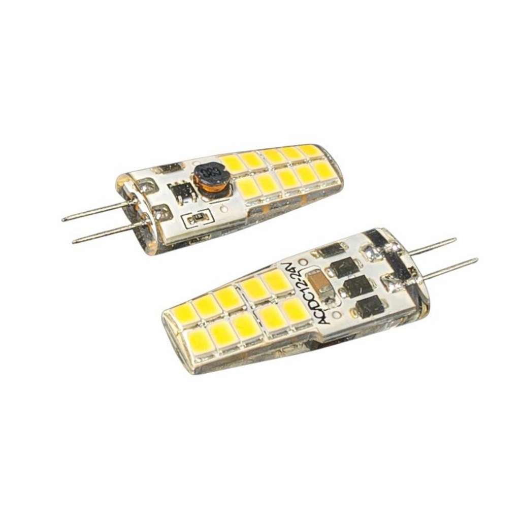2 Pezzi Lampadina LED G4 Bispina 10V-30V DC AC 3W 12V e 24V Bianco Caldo 3000K 20 SMD 2835 Cilindro Silicone