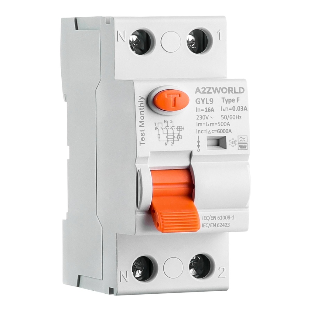 A2ZWORLD RCCB Interruttore Differenziale Puro Tipo F 1P+N 2M 6000A 30mA AC 230V IP20 IEC61008-1 GYL9, Disponibili 16A 25A 32A 40A 63A