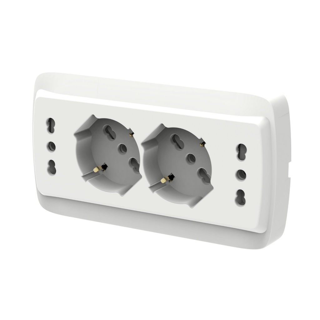 [AP27702] Multipresa Da Incasso Scatola 503 Bianco Opaco, 2 Prese Schuko Universale P40 + 2 Prese Bipasso Italiano 10/16A, 140X80X23mm