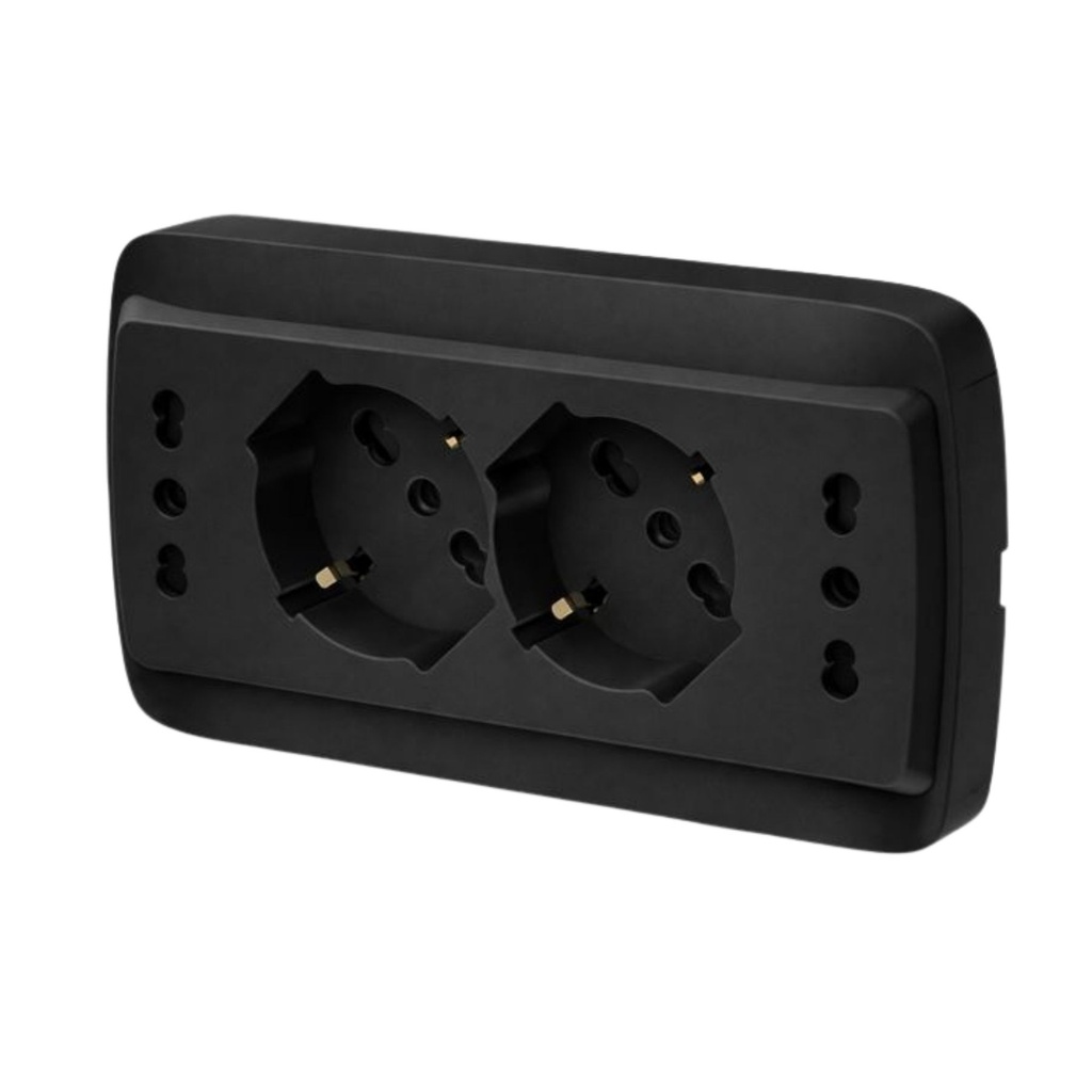 [AP27703] Multipresa Da Incasso Scatola 503 Nero Opaco, 2 Prese Schuko Universale P40 + 2 Prese Bipasso Italiano 10/16A, 140X80X23mm