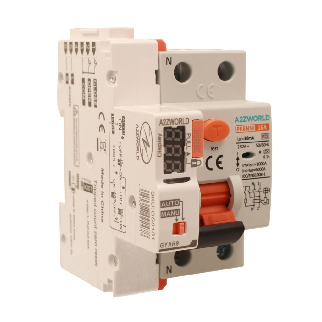 [GC15316RA] A2ZWORLD RCCB Interruttore Differenziale Puro Riarmo Automatico, Tipo A 1P+N 3M 6000A 30mA AC 230V IP20 IEC61008-1 PR8NM, Corrente Disponibili 16A 25A 32A 40A 63A  (16A)