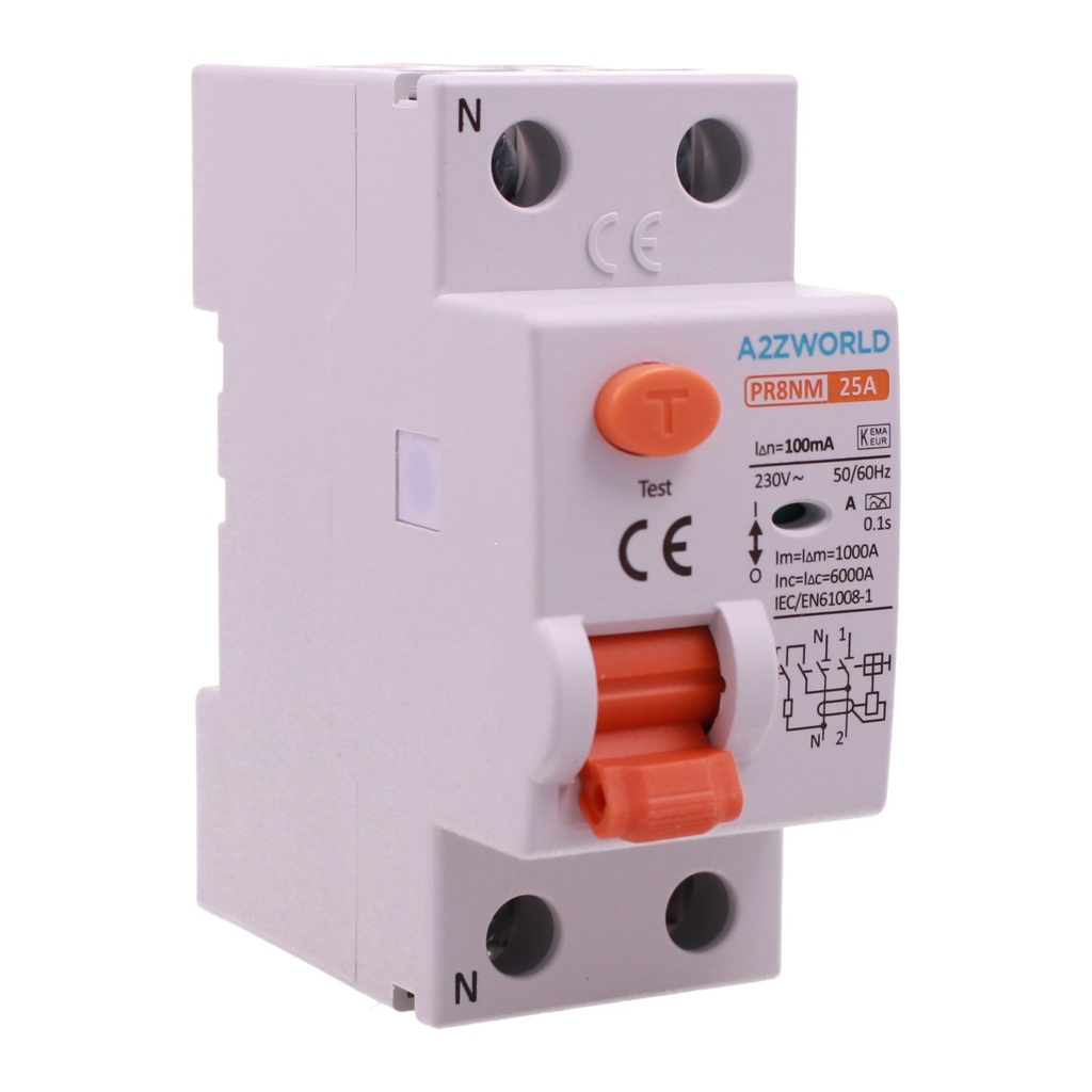 [GC15425] A2ZWORLD RCCB Interruttore Differenziale Puro Tipo A 1P+N 2M 6000A 100mA 0.1A AC 230V IP20 IEC61008-1 PR8NM, Corrente Disponibili 25A 40A 63A  (25A)