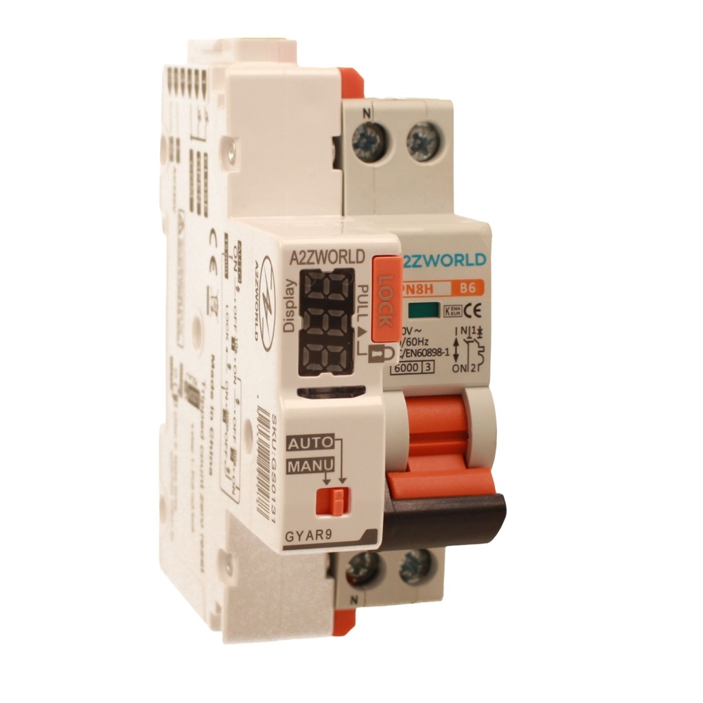 MCB Interruttore Magnetotermico Con Riarmo Automatico, Curva B 1P+N 2M 6000A B6A AC 230V PN8H, 3 Tentativi (10s/60s/300s)