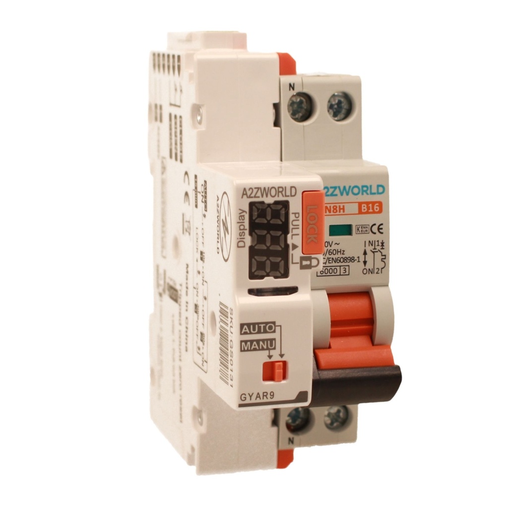 MCB Interruttore Magnetotermico Con Riarmo Automatico, Curva B 1P+N 2M 6000A B16A AC 230V PN8H, 3 Tentativi (10s/60s/300s)