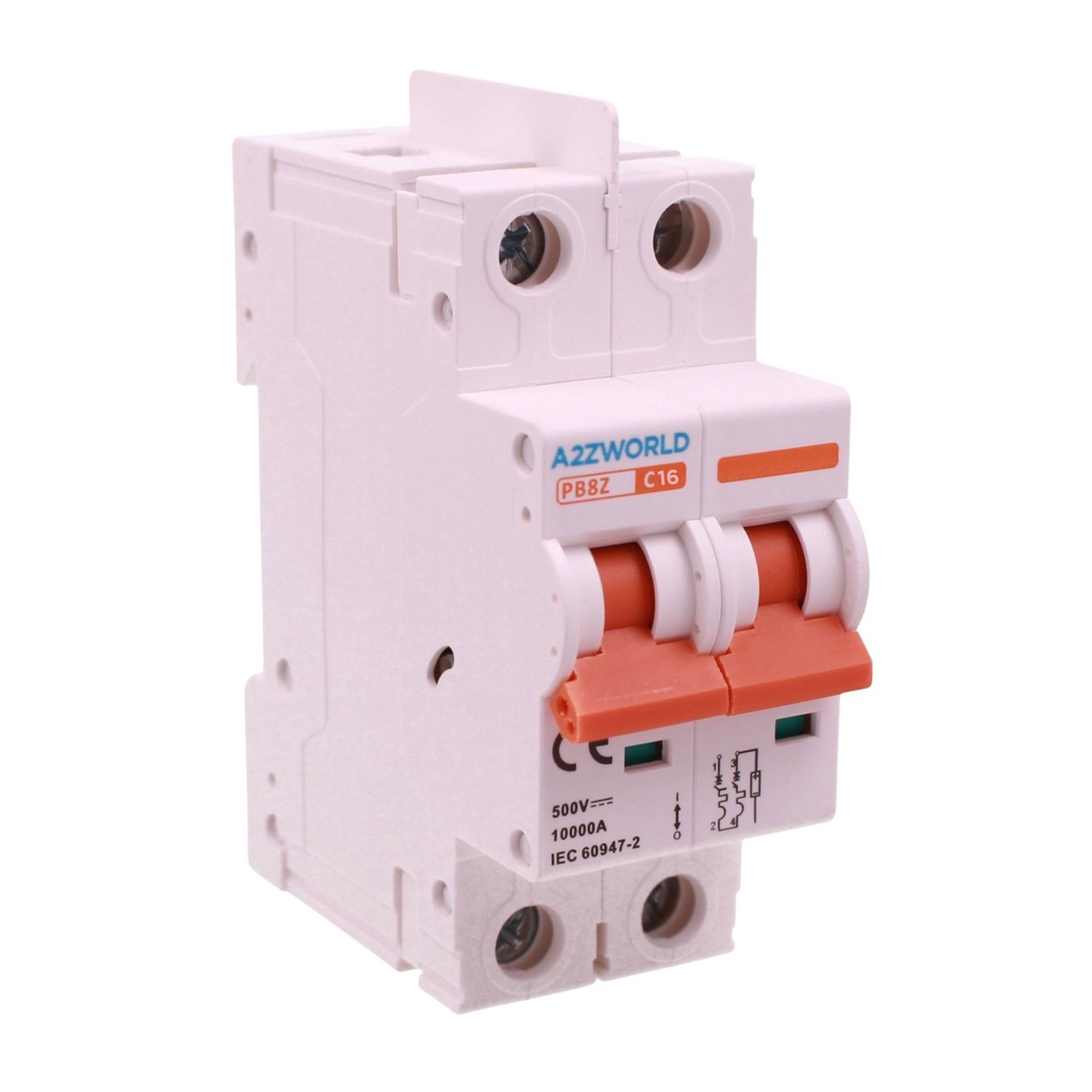A2ZWORLD Interruttore Magnetotermico DC Senza Polarità 500V Curva C 2P 2M 10000A IP20 P8BZ, Corrente Disponibili 16A 20A 25A 32A 40A 63A