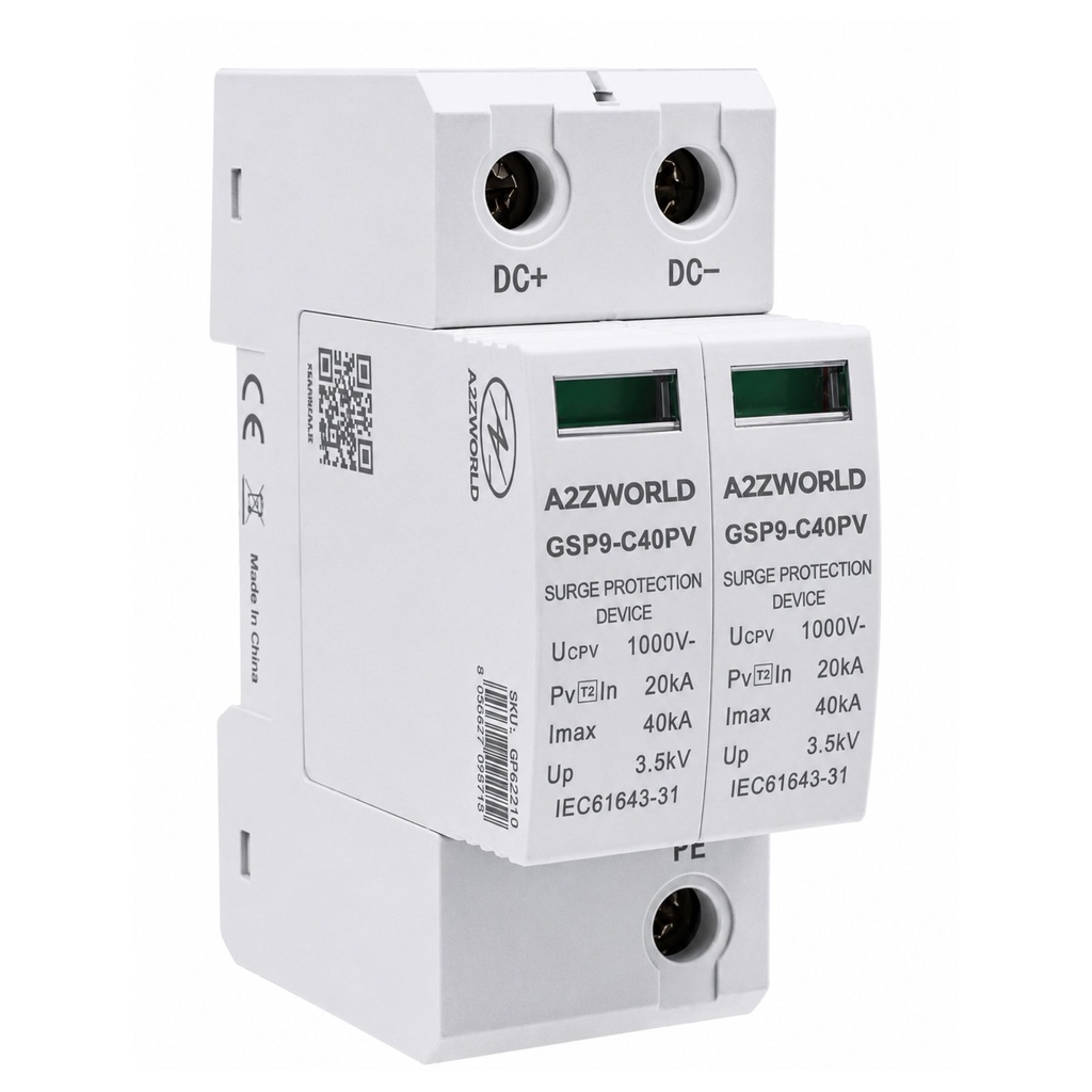 A2ZWORLD SPD Scaricatore di Sovratensione DC 1000V T2 Tipo 2 2P 2M 40kA 3.5kV IP20 per Fotovoltaico GSP9