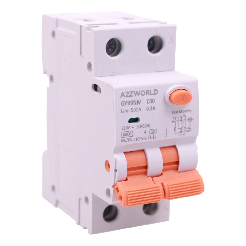 A2ZWORLD RCBO Doppia Leva, Interruttore Magnetotermico Differenziale Tipo A Curva C 1P+N 2M 6000A 300mA AC 230V IP20 IEC61009-1 GYR9NM, Disponibili 40A 50A 63A