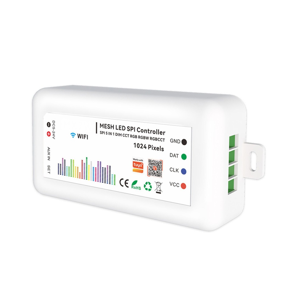 Centralina Controller SPI WS2815 WS2811, 5 In 1 WIFI, RF 2.4G TUYA, Smart Life, Max 15A Tot. (6A/CH) DC5-24V 360W, per Striscia Led Dinamica Magic Colore Mono Colore, CCT, RGB, RGBW, RGBCCT