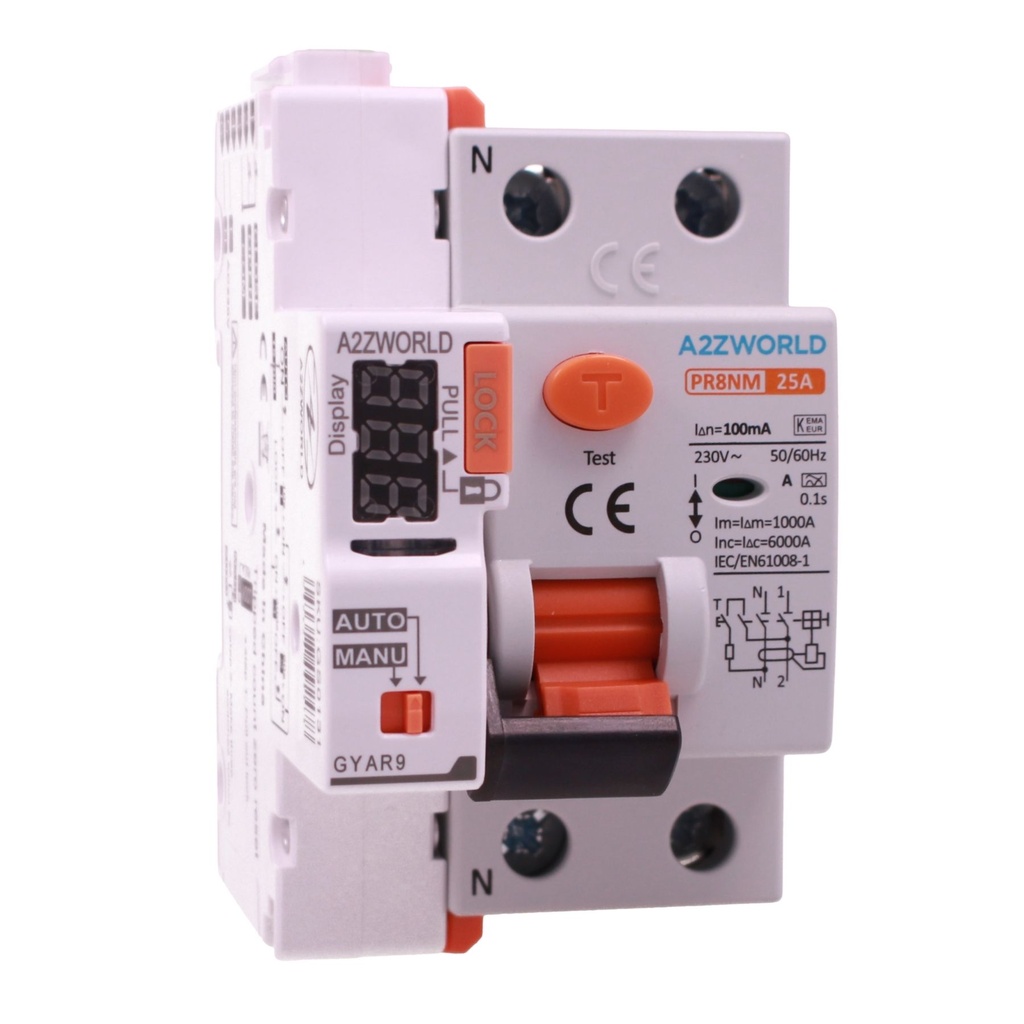 [GC15425RA] A2ZWORLD RCCB Interruttore Differenziale Puro Riarmo Automatico, Tipo A 1P+N 3M 6000A 100mA AC 230V IP20 IEC61008-1 PR8NM, Corrente Disponibili 25A 40A 63A  (25A)