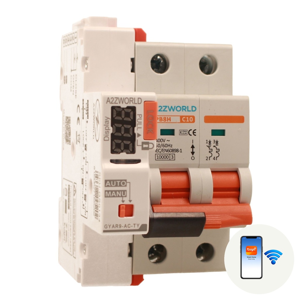 A2ZWORLD MCB Interruttore Magnetotermico Connesso WiFi Con Riarmo Automatico, Curva C 2P 3M 10000A AC 400V PB8H, Disponibili 10A 16A 20A 25A 32A 40A 50A 60A