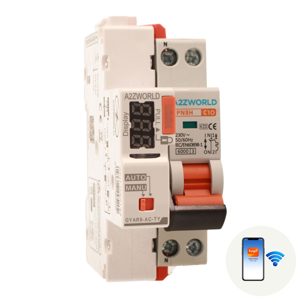 A2ZWORLD MCB Interruttore Magnetotermico Connesso WiFi Con Riarmo Automatico, Curva C 1P+N 2M 6000A AC 230V PN8H, Corrente Disponibile 6A 10A 16A 20A 25A 32A
