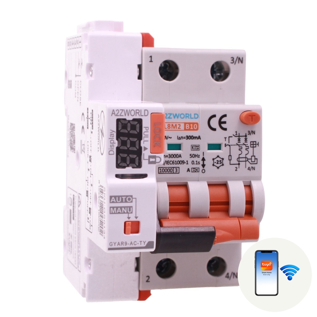 A2ZWORLD RCBO Interruttore Magnetotermico Differenziale Connesso WiFi Con Riarmo Automatico, Tipo A - SI Curva B 2P Veri 3M 6000A 300mA, AC 230V IP20 PL8M2, Disponibili 6A 10A 16A 20A 25A 32A 40A
