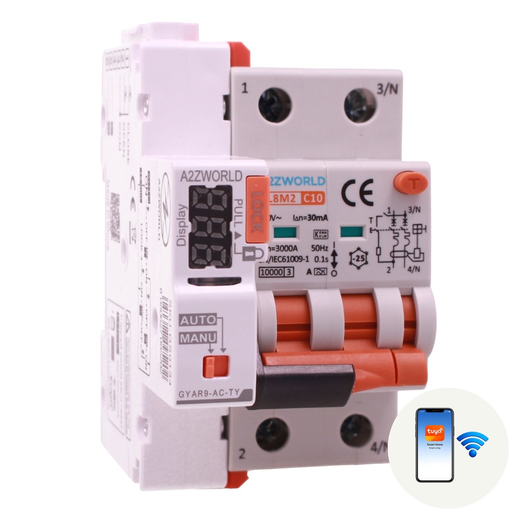 A2ZWORLD RCBO Interruttore Magnetotermico Differenziale Connesso WiFi Con Riarmo Automatico, Tipo A - SI Curva C 2P Veri 3M 6000A 30mA, AC 230V IP20 PL8M2, Disponibili 6A 10A 16A 20A 25A 32A 40A