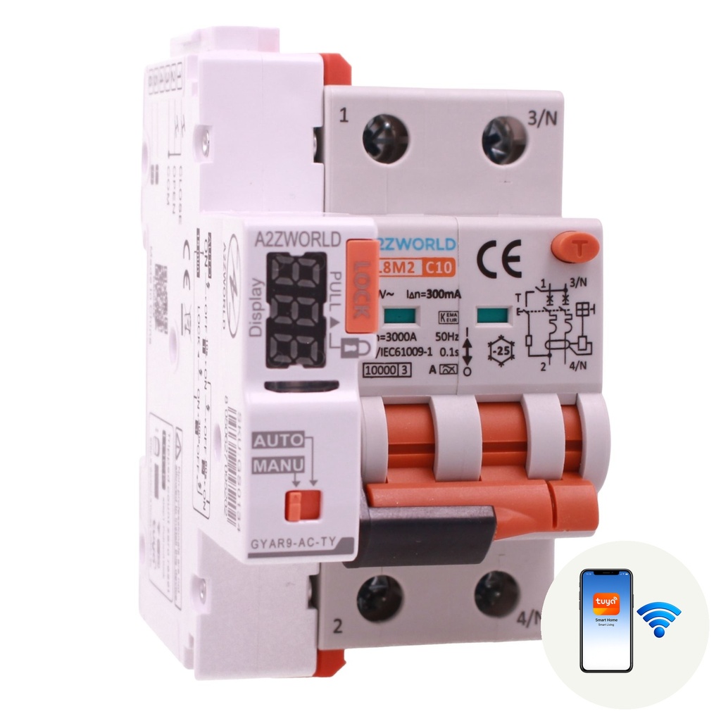 A2ZWORLD RCBO Interruttore Magnetotermico Differenziale Connesso WiFi Con Riarmo Automatico, Tipo A - SI Curva C 2P Veri 3M 6000A 300mA, AC 230V IP20 PL8M2, Disponibili 6A 10A 16A 20A 25A 32A 40A