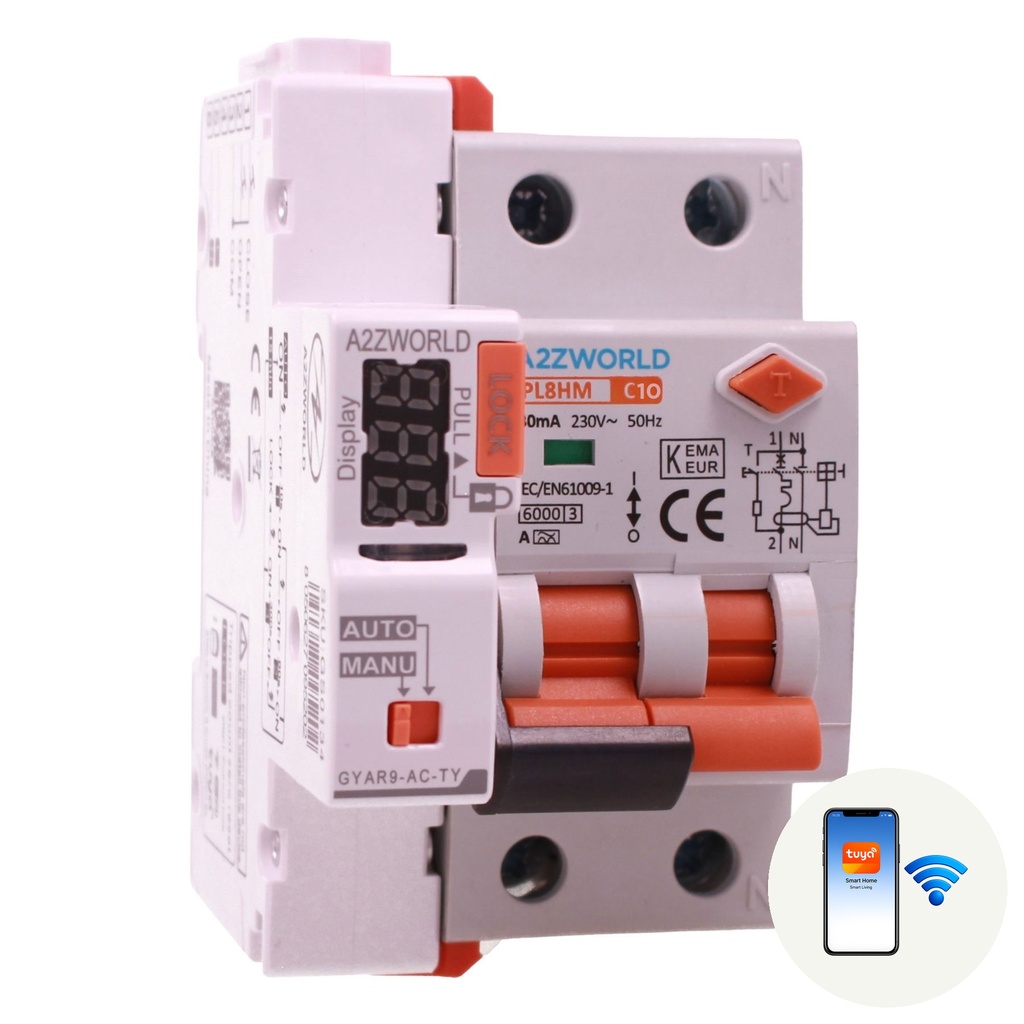 A2ZWORLD RCBO Interruttore Magnetotermico Differenziale Connesso WiFi Con Riarmo Automaico, Tipo A Curva C 1P+N 3M 6000A 30mA C6A AC 230V IP20 IEC61009-1 PL8HM, Disponibili 6A 10A 16A 20A 25A 32A