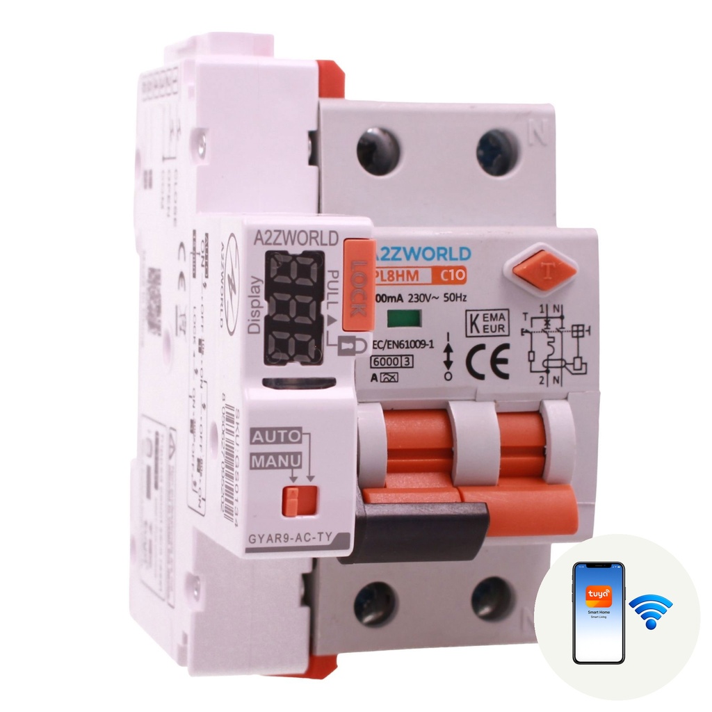 A2ZWORLD RCBO Interruttore Magnetotermico Differenziale Connesso WiFi Con Riarmo Automaico, Tipo A Curva C 1P+N 3M 6000A 300mA AC 230V IP20 IEC61009-1 PL8HM, Disponibili 6A 10A 16A 20A 25A 32A