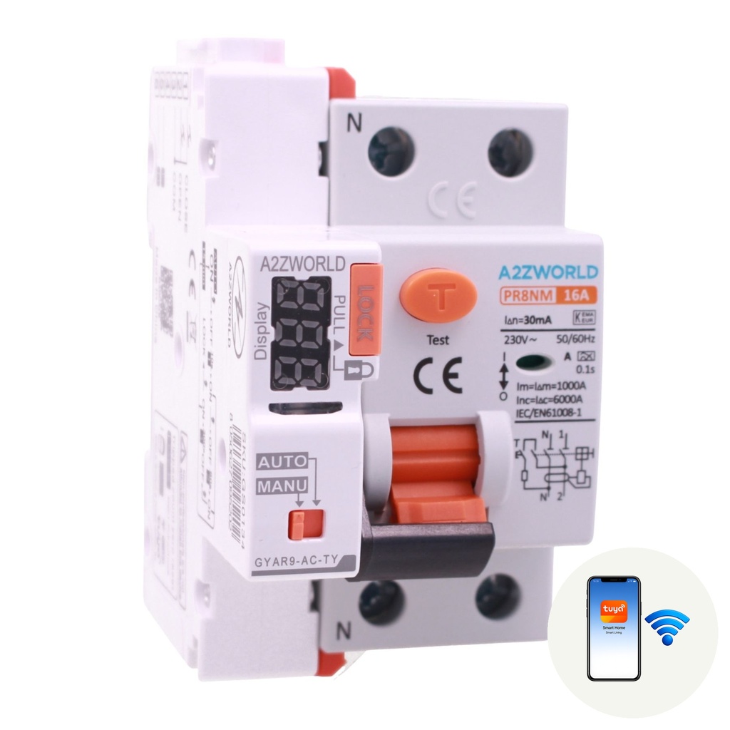 A2ZWORLD RCCB Interruttore Differenziale Puro Connesso WiFi Con Riarmo Automatico, Tipo A 1P+N 3M 6000A 30mA AC 230V IP20 IEC61008-1 PR8NM, Disponibili 16A 25A 32A 40A 63A