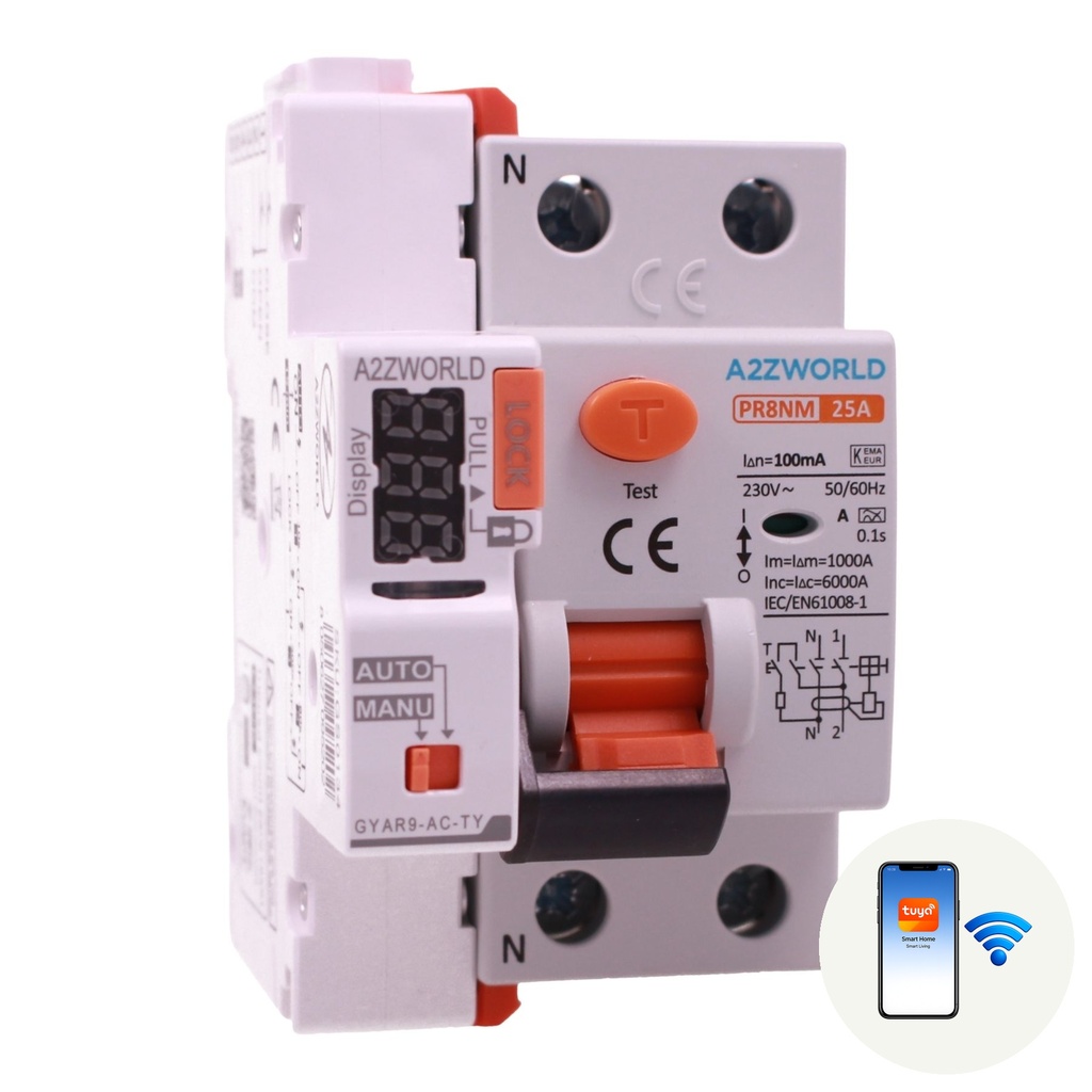 A2ZWORLD RCCB Interruttore Differenziale Puro Connesso WiFi Con Riarmo Automatico, Tipo A 1P+N 3M 6000A 100mA AC 230V IP20 IEC61008-1 PR8NM, Disponibili 25A 40A 63A