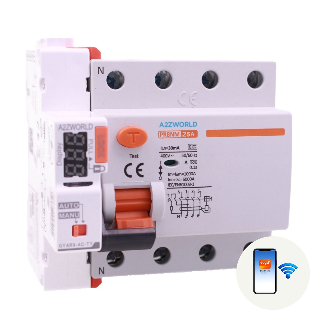 A2ZWORLD RCCB Interruttore Differenziale Puro Connesso WiFi Riarmo Automatico, Tipo A 3P+N 5M 6000A 30mA AC 400V IP20 IEC61008-1 PR8NM, Disponibili 25A 40A 63A