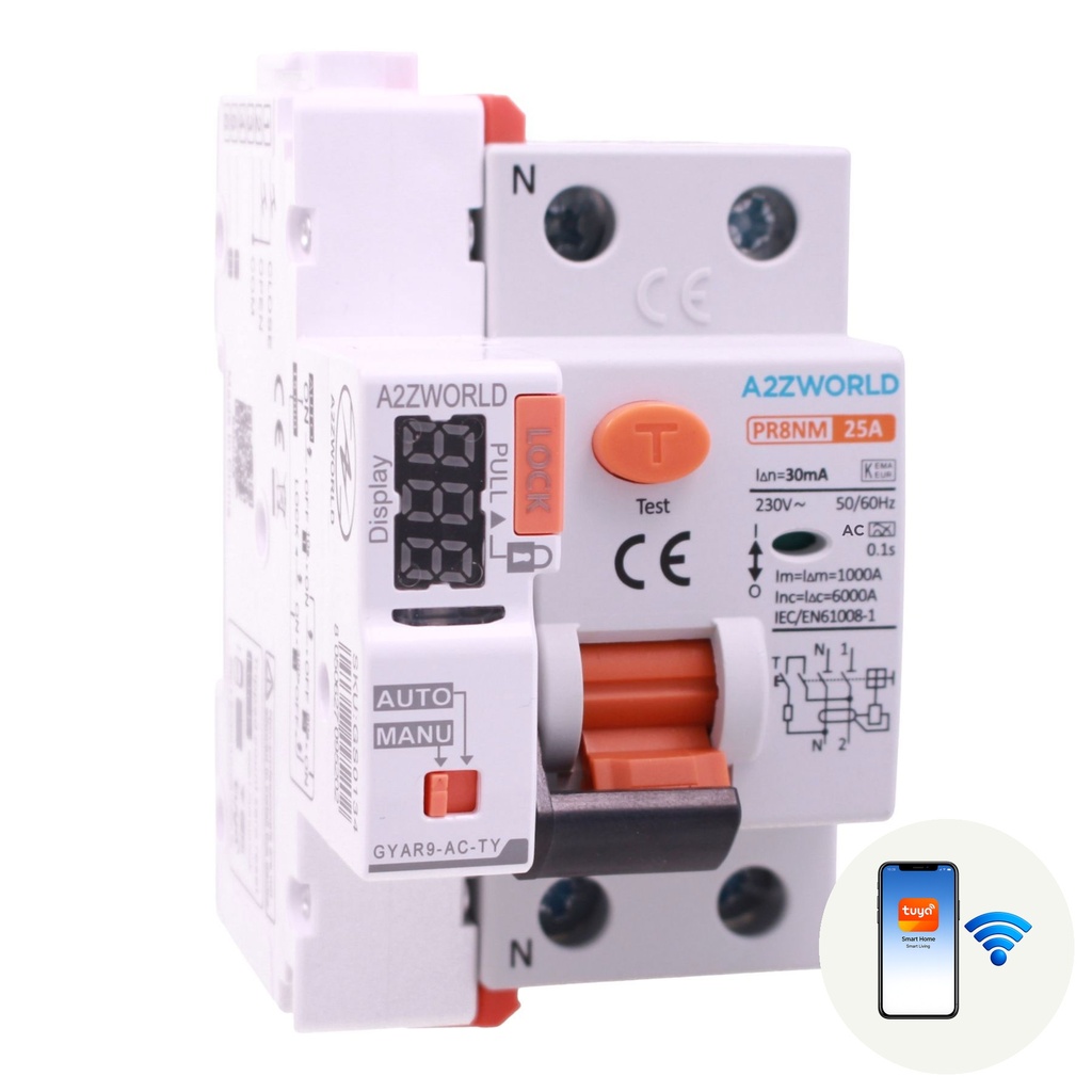 A2ZWORLD RCCB Interruttore Differenziale Puro Connesso WiFi Con Riarmo Automatico, Tipo AC 1P+N 3M 6000A 30mA AC 230V IP20 IEC61008-1 PR8NM, Disponibili 25A 40A 63A