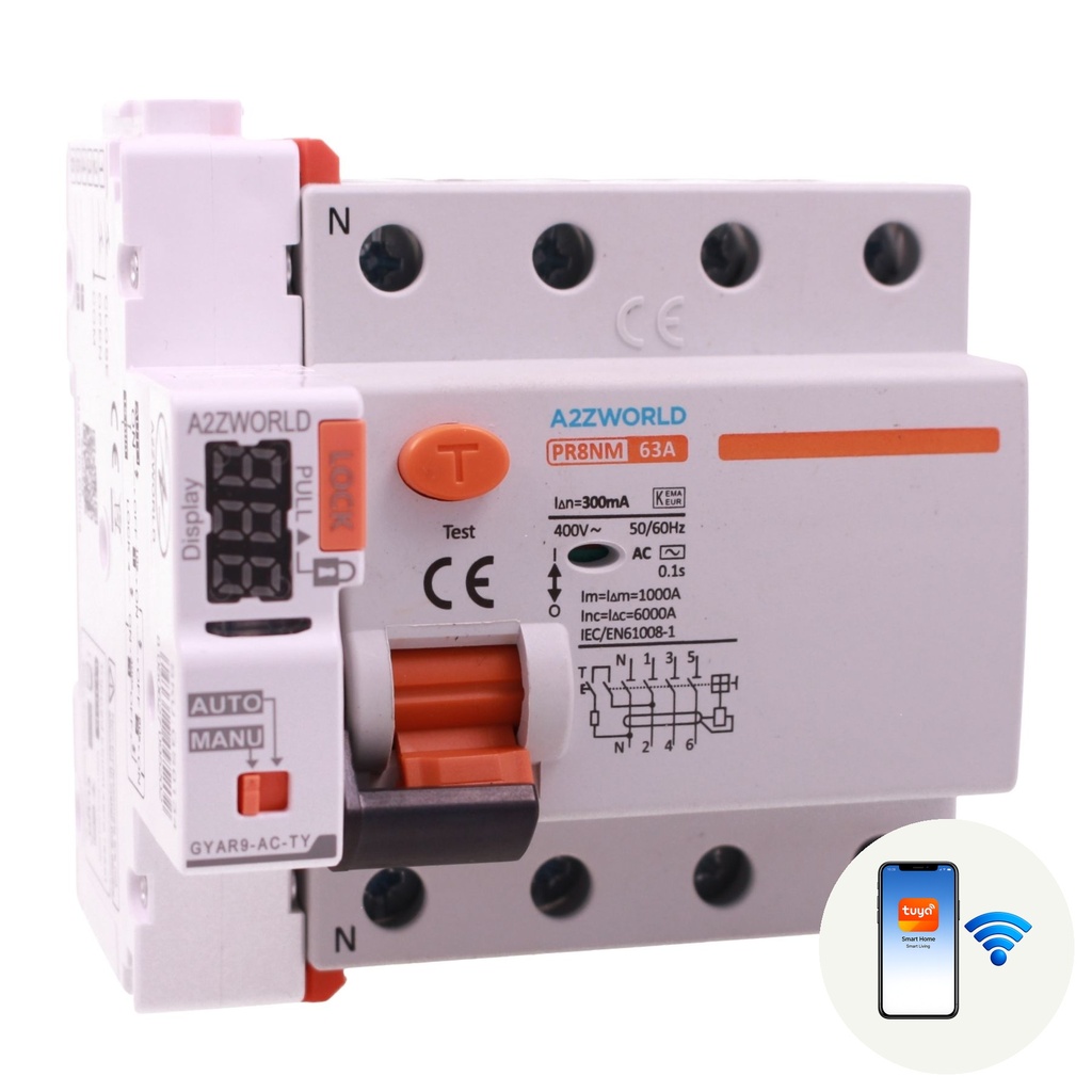 A2ZWORLD RCCB Interruttore Differenziale Puro Trifase Connesso WiFi Con Riarmo Automatico, Tipo AC 3P+N 5M 6000A 63A AC 400V IP20 IEC61008-1 PR8NM, Disponibili 30mA 300mA