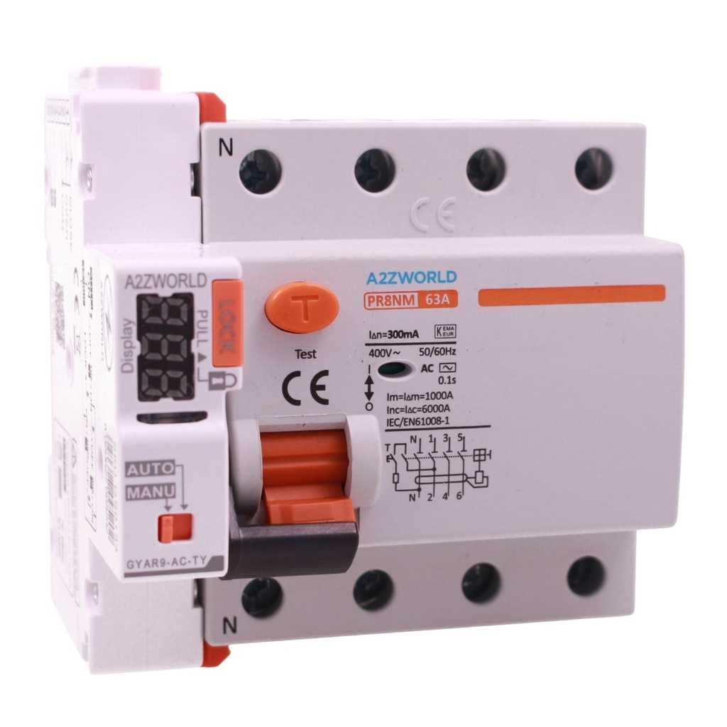RCCB Interruttore Differenziale Puro Trifase WIFI Con Riarmo Automatico, Tipo AC 3P+N 5M 6000A 63A AC 400V IP20 IEC61008-1 PR8NM, Disponibili 30mA 300mA