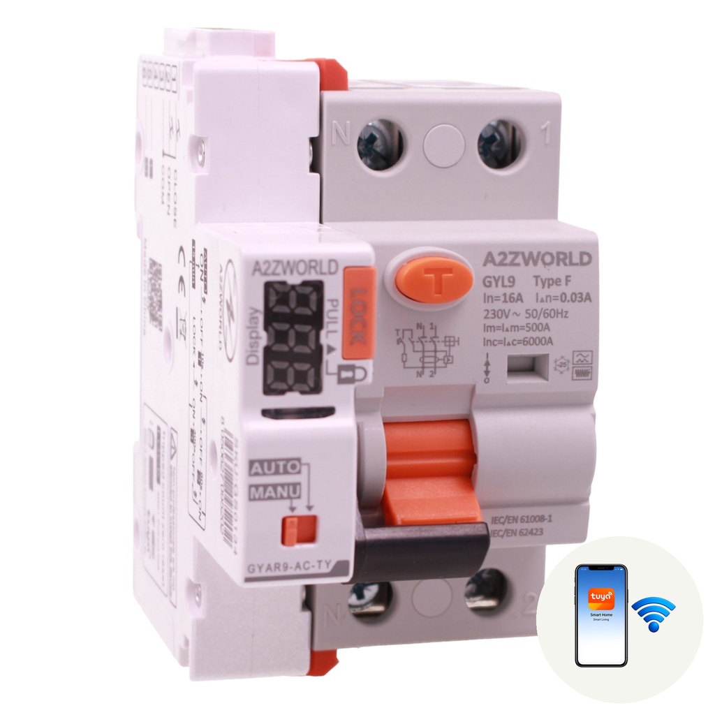 A2ZWORLD RCCB Interruttore Differenziale Puro Connesso WiFi Con Riarmo Automatico Tipo F 1P+N 3M 6000A 30mA AC 230V IP20 IEC61008-1 GYL9, Disponibili 16A 25A 32A 40A 63A