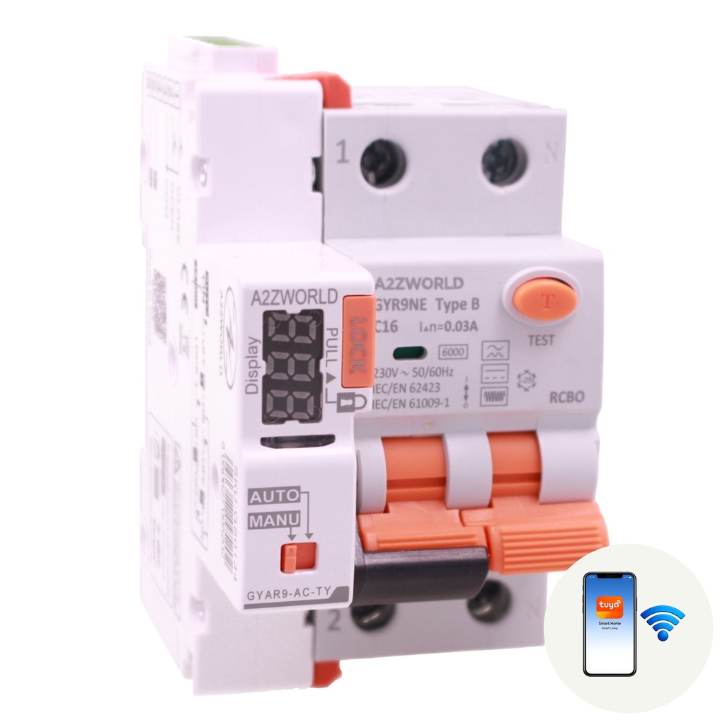 A2ZWORLD RCBO Interruttore Magnetotermico Differenziale Connesso WiFi Con Riarmo Automatico Tipo B Curva C 1P+N 2M 6000A 30mA AC 230V APP Tuya Disponibili 16A 20A 25A 32A 40A