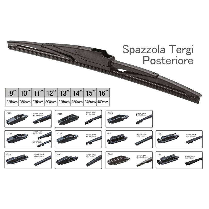 Spazzola Tergicristallo Posteriore Auto Con 10 Attacchi Universale Multi Adattatori Inclusi, Misura Disponibili Da 9" Fino a 16''