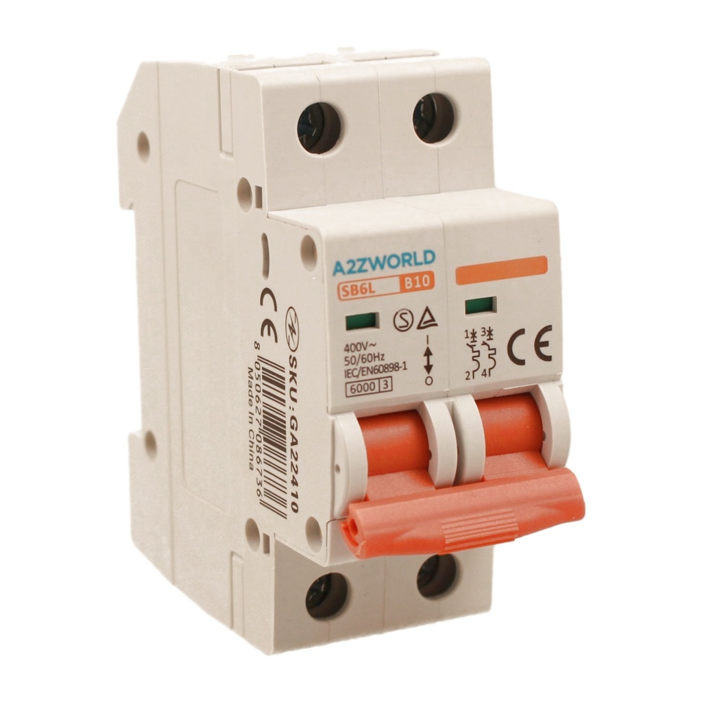 A2ZWORLD MCB Interruttore Magnetotermico Automatico Curva B 2P 2M 6000A AC 400V IP20 SB6L, Corrente Disponibili 6A 10A 16A 20A 25A 32A 40A 50A 63A 