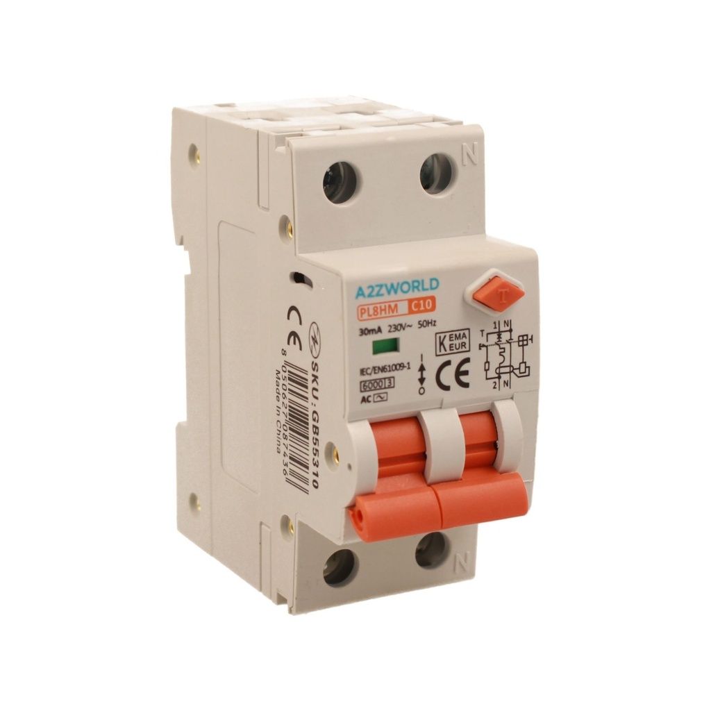 [GB55310] A2ZWORLD RCBO Doppia Leva, Interruttore Magnetotermico Differenziale Tipo AC Curva C 1P+N 2M 6000A 30mA AC 230V IP20 IEC61009-1 PL8HM, Corrente Disponibili 6A 10A 16A 20A 25A 32A (C10A)