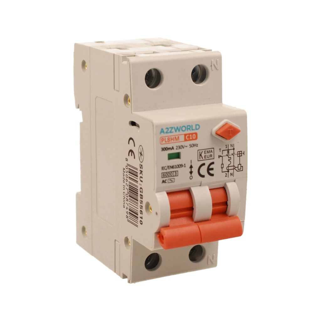 [GB55610] A2ZWORLD RCBO Doppia Leva, Interruttore Magnetotermico Differenziale Tipo AC Curva C 1P+N 2M 6000A 300mA AC 230V IP20 IEC61009-1 PL8HM, Corrente Disponibili 6A 10A 16A 20A 25A 32A (C10A)