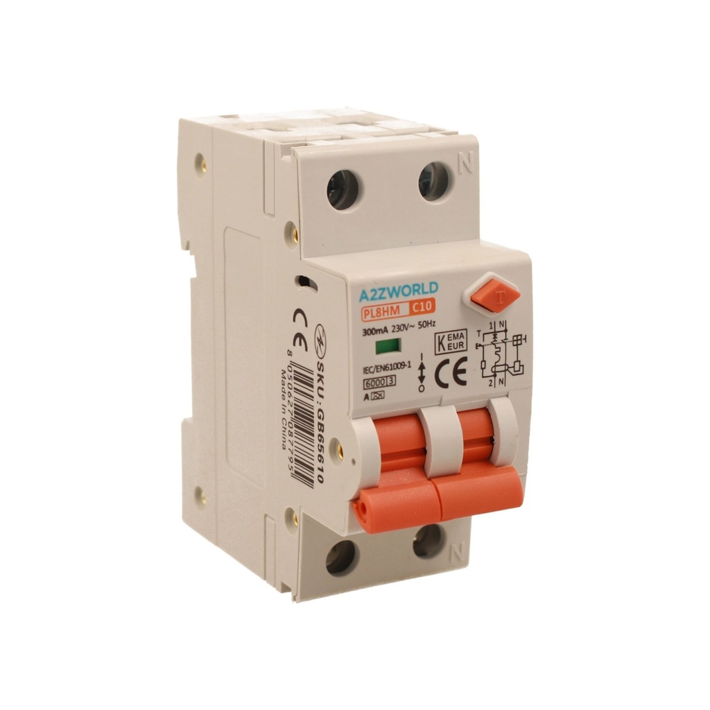 [GB65610] A2ZWORLD RCBO Doppia Leva, Interruttore Magnetotermico Differenziale Tipo A Curva C 1P+N 2M 6000A 300mA AC 230V IP20 IEC61009-1 PL8HM, Corrente Disponibili 6A 10A 16A 20A 25A 32A (C10A)