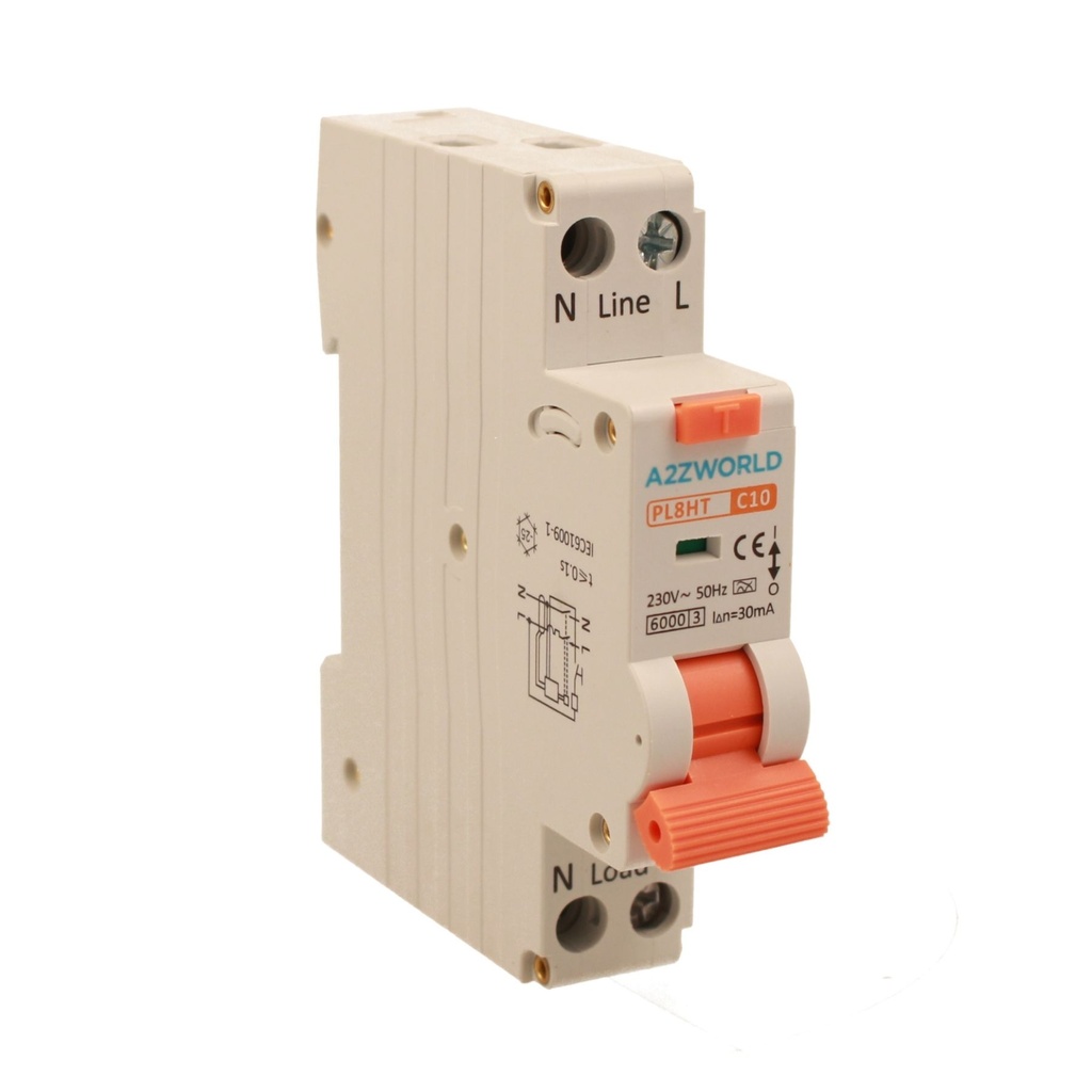 [GB67310] A2ZWORLD RCBO Interruttore Magnetotermico Differenziale Tipo A Curva C 1P+N 1M 6000A 30mA AC 230V IP20 IEC61009-1 PL8HT, Corrente Disponibili 6A 10A 16A 20A 25A 32A (C10A)