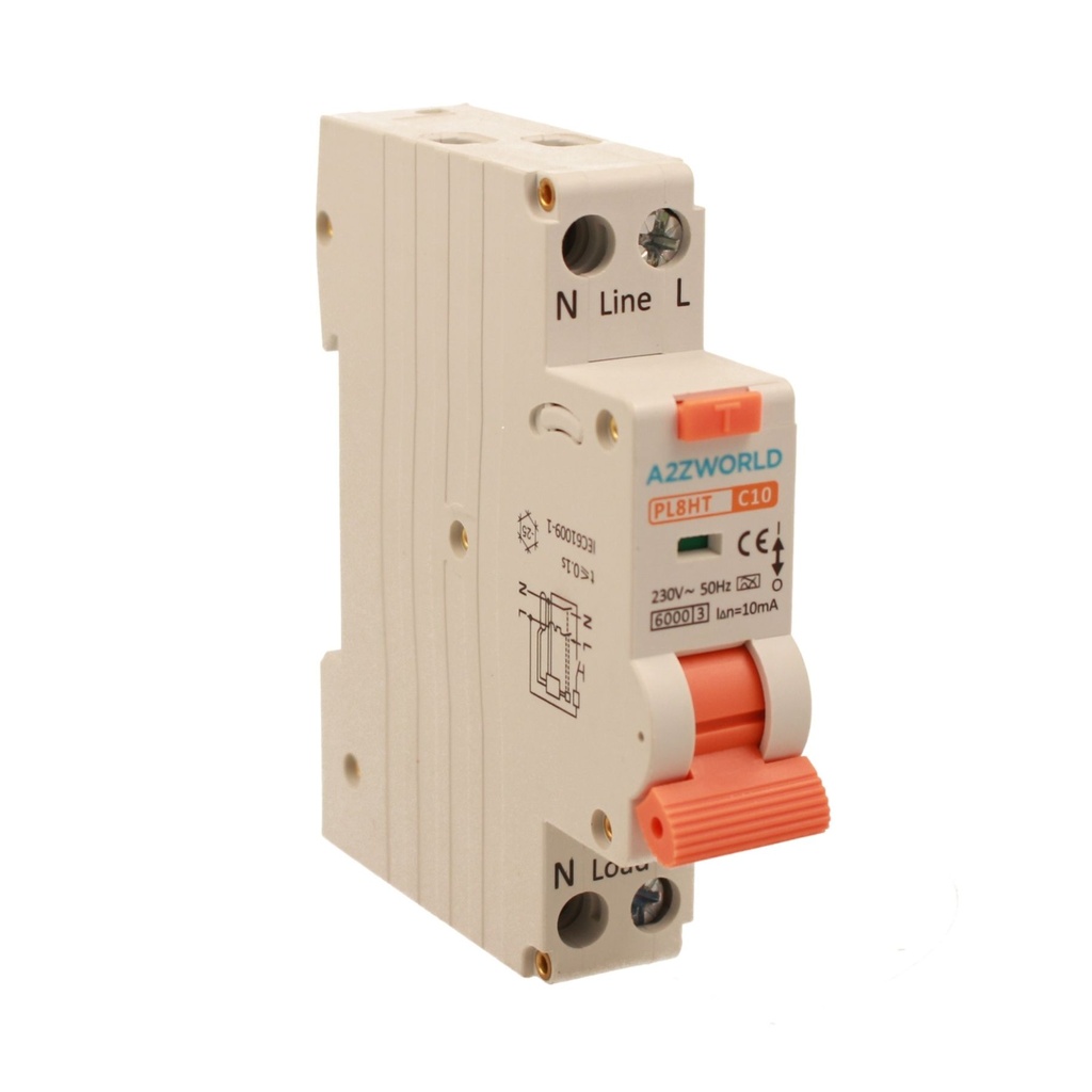 [GB67710] A2ZWORLD RCBO Interruttore Magnetotermico Differenziale Tipo A Curva C 1P+N 1M 6000A 10mA Per Zone Umide AC 230V IP20 IEC61009-1 PL8HT, Corrente Disponibili 6A 10A 16A 20A 25A 32A (C10A)