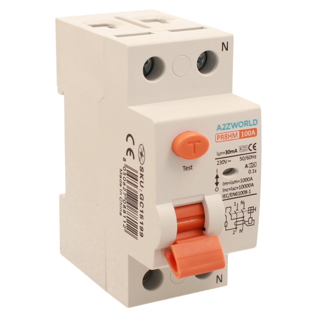 A2ZWORLD RCCB Interruttore Differenziale Puro Tipo A 1P+N 2M 10000A 30mA AC 230V IP20 IEC61008-1 PR8HM, Corrente Disponibili 25A 40A 63A 100A