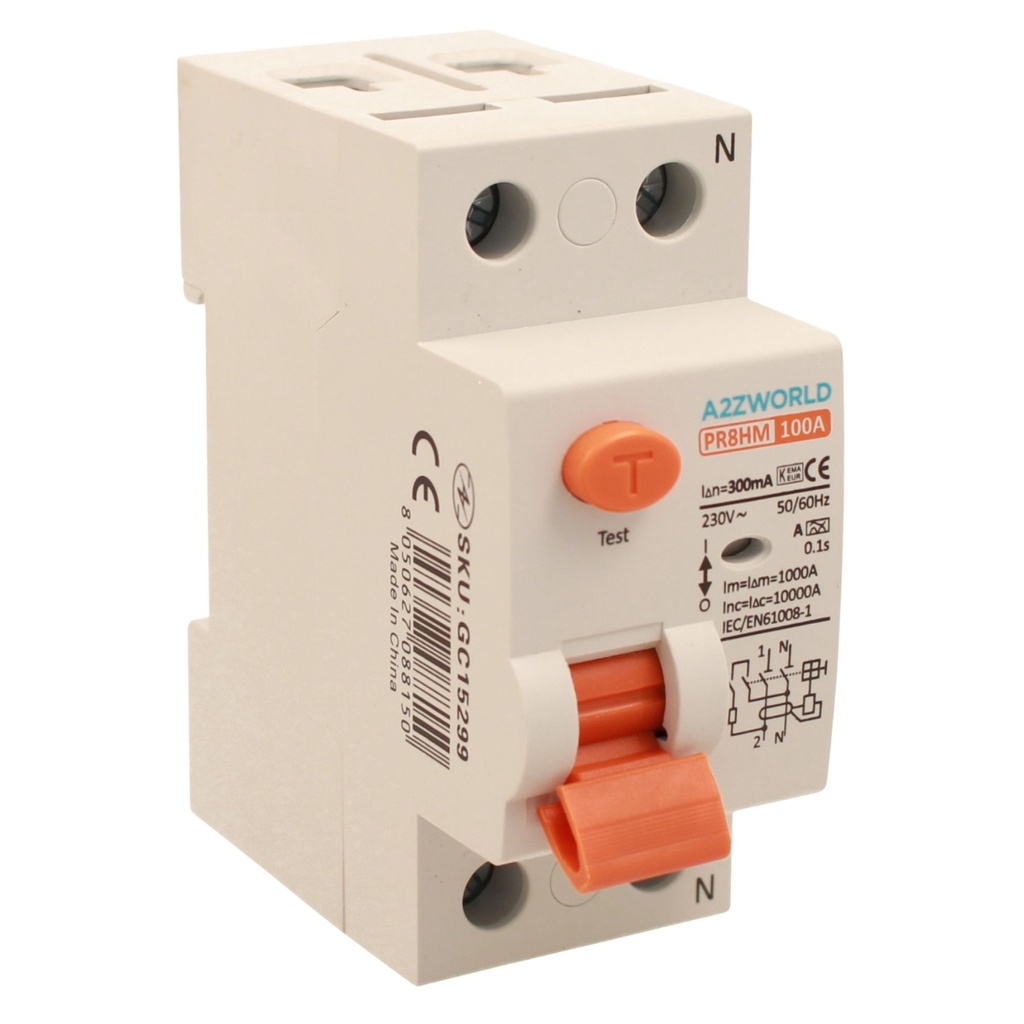 A2ZWORLD RCCB Interruttore Differenziale Puro Tipo A 1P+N 2M 10kA 300mA AC 230V IP20 IEC61008-1 PR8HM, Corrente Disponibili 25A 40A 63A 100A