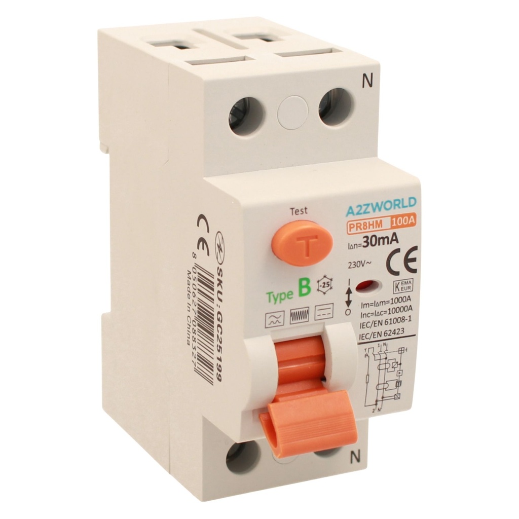 A2ZWORLD RCCB Interruttore Differenziale Puro Tipo B 1P+N 2M 10000A 30mA AC 230V IP20 IEC61008-1 / IEC62423 PR8HM, Corrente Disponibili 25A 40A 63A 100A
