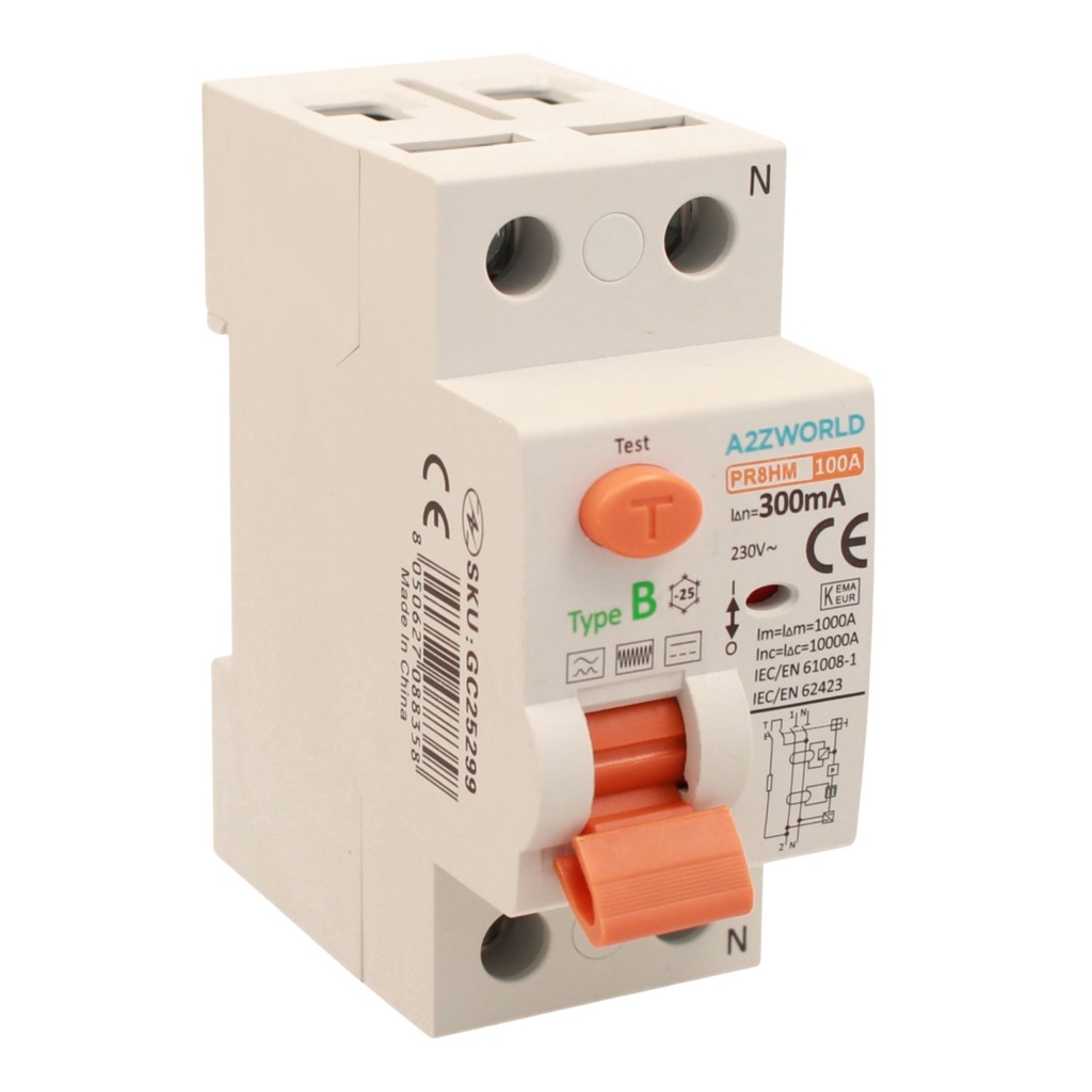 A2ZWORLD RCCB Interruttore Differenziale Puro Tipo B 1P+N 2M 10000A 300mA AC 230V IP20 IEC61008-1 / IEC62423 PR8HM, Corrente Disponibili 25A 40A 63A 100A