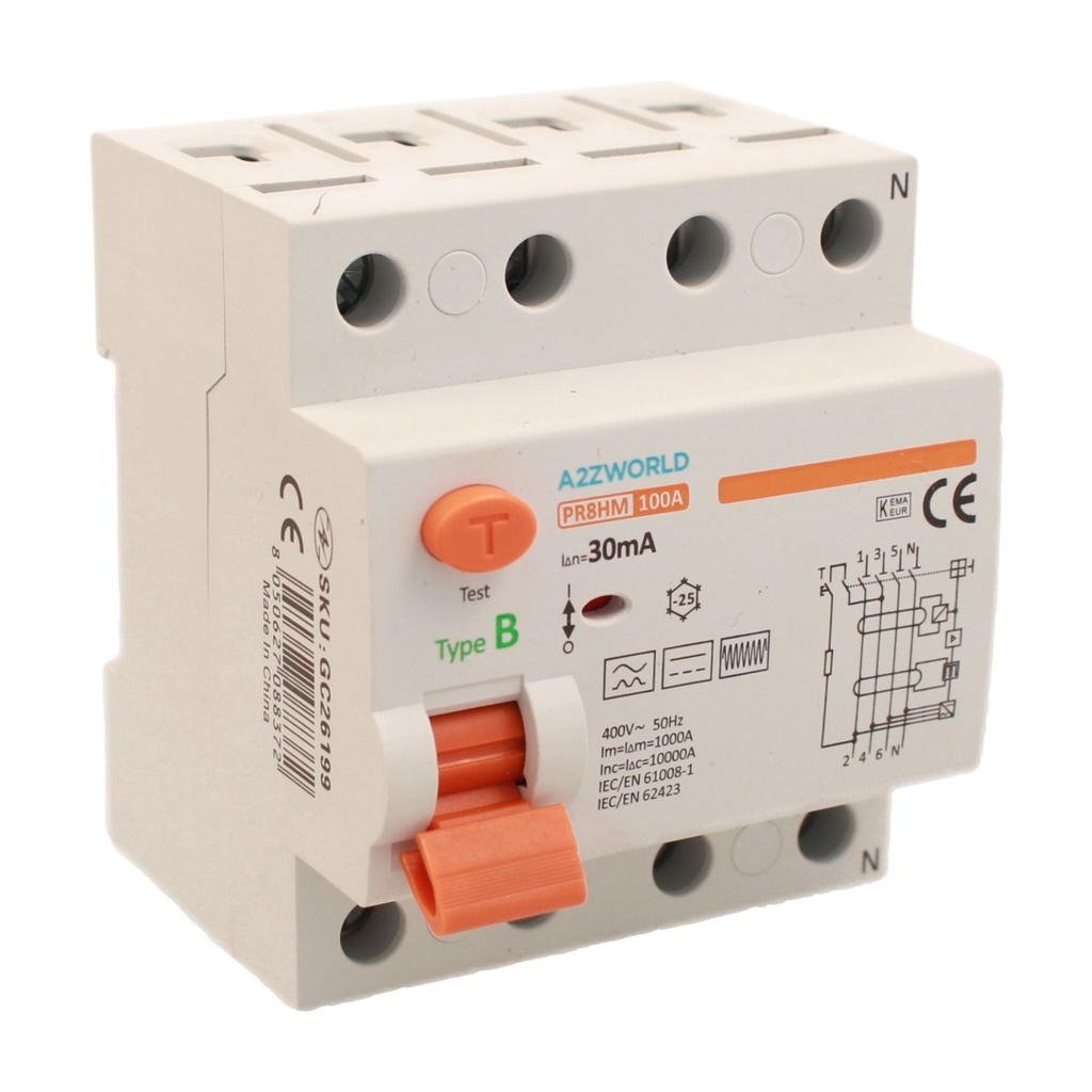 [GC26199] A2ZWORLD RCCB Interruttore Differenziale Puro Tipo B 3P+N 4M 10000A 30mA AC 400V IP20 IEC61008-1 / IEC62423 PR8HM, Corrente Disponibili 25A 40A 63A 100A (100A)