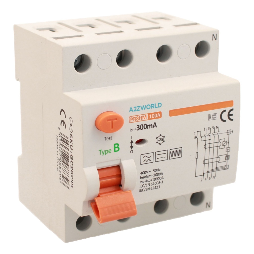 [GC26299] A2ZWORLD RCCB Interruttore Differenziale Puro Tipo B 3P+N 4M 10000A 300mA AC 400V IP20 IEC61008-1 / IEC62423 PR8HM, Corrente Disponibili 25A 40A 63A 100A (100A)