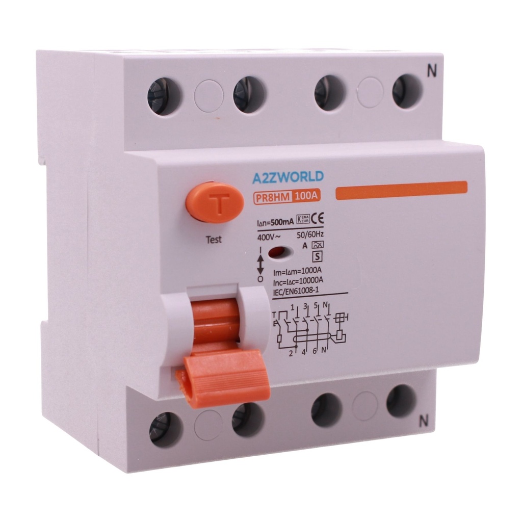 [GC86599] A2ZWORLD RCCB Interruttore Differenziale Selettivo Tipo S 0.5A Classe A 3P+N 4M 10000A 500mA Ritardo 500ms AC 400V IP20 IEC61008-1 PR8HM, Corrente Disponibili 40A 63A 100A (100A)