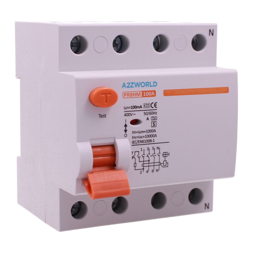 [GC86999] A2ZWORLD RCCB Interruttore Differenziale Selettivo Tipo S 100mA Classe A 3P+N 4M 10000A Ritardo 500ms AC 400V IP20 IEC61008-1 PR8HM, Corrente Disponibili 63A 100A (100A)
