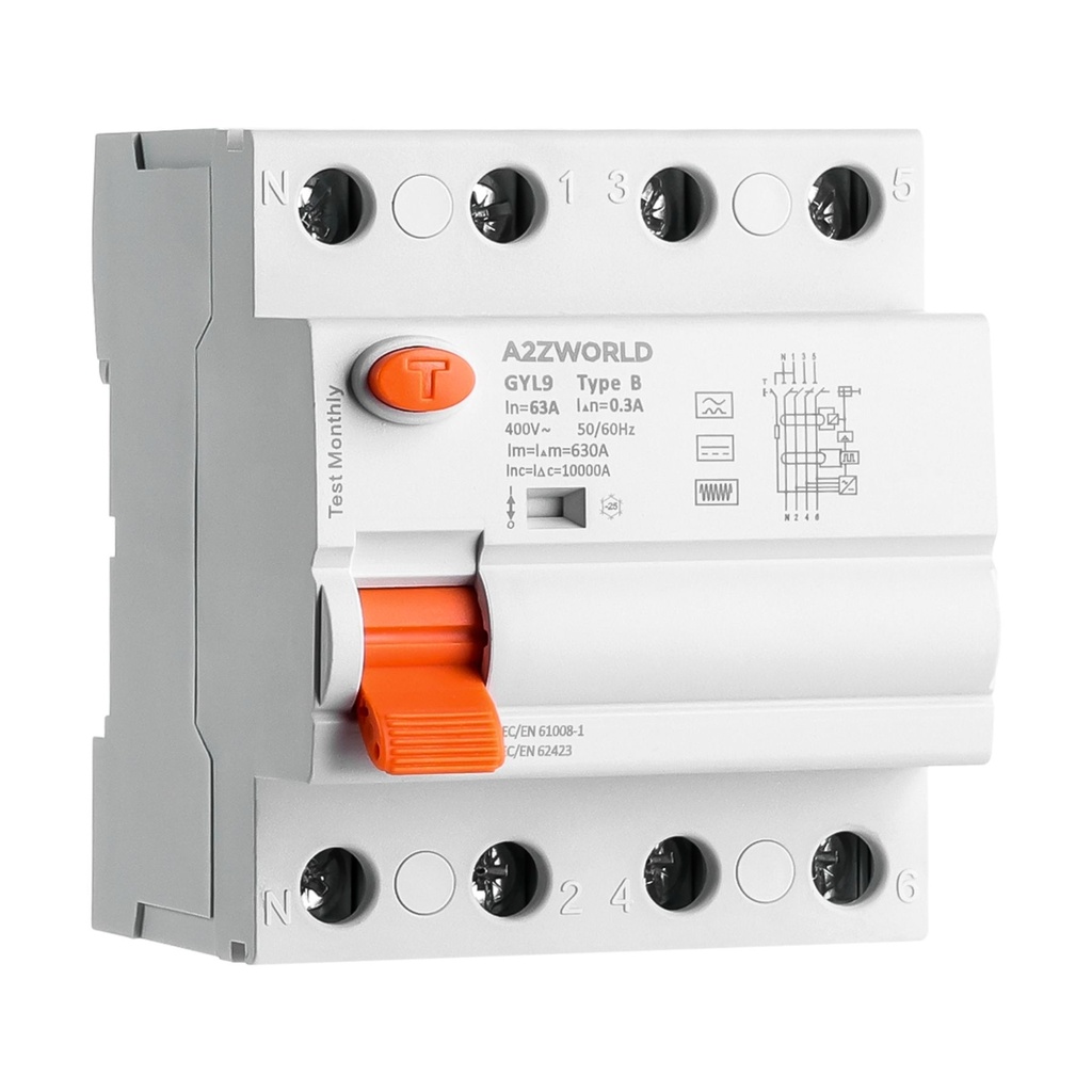 A2ZWORLD RCCB Interruttore Differenziale Puro Tipo B 3P+N 4M 10000A 63A AC 400V IP20 IEC61008-1 / IEC62423 GYL9, Disponibili 30mA 300mA